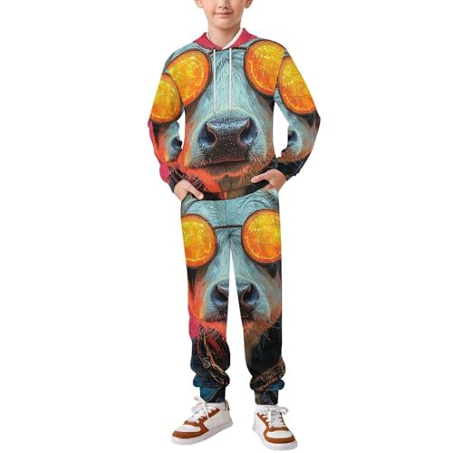 Boys Girls Clothes Hoodies Sweatshirt Pants Set 2 Pieces Fall Winter Outfits, Cow Hippie Neon