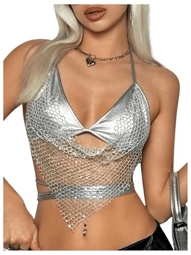 MakeMeChic Women's Glitter Sequin Fishnet Halter Tops Y2K Criss Cross Tie Back Crop Party Club Festival Rave Top