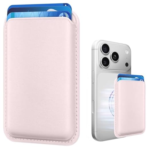 KRTALS Magnetic Wallet Cell Phone Card Holder for Phone Case, Stronger Magnetic RFID Leather Phone Wallet Stick on Series of iPhone 12/13/14/15/16/17 and Pro/Promax, Light Pink