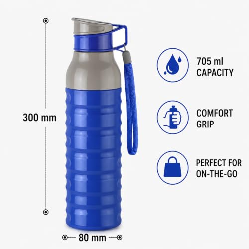 Image of CELLO Puro Steel-X Delta 900 PU Insulated Water Bottle for Office 705 ml Blue | Wide Mouth Easy to Carry with Strap Leak Proof Flip Top Lid Inner Steel Water Bottle for School Kids, College & Travel