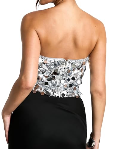 YYA Women's Silver Strapless Sequin Cowl Neck Crop Top Sleeveless Cami Tank Tops, S-XL3