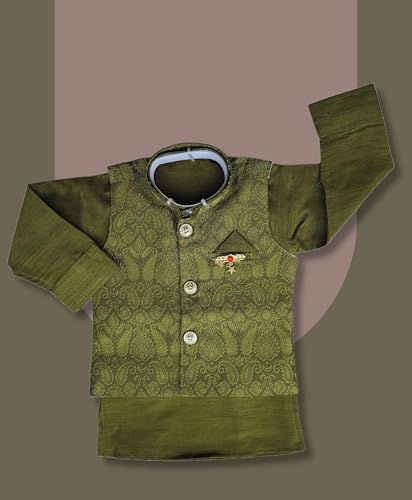 Image of Little Kids Ethnic Wear Kurta Pyjama and Waistcoat Set For Boys | Stylish Ethnic Wear | 3-piece set | Silk and Cotton Blend Fabric