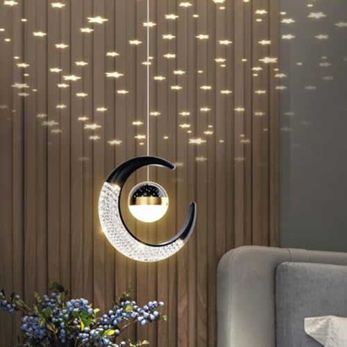 XINYASEE LED Lampadario a sospensione,LED Forma di Luna Moderna Lampada a Sospensione,Plafoniera Fata Lampada Luna e Stelle Lampada a Sospensione Camera da Letto Lampadario (Nero(Caldo))