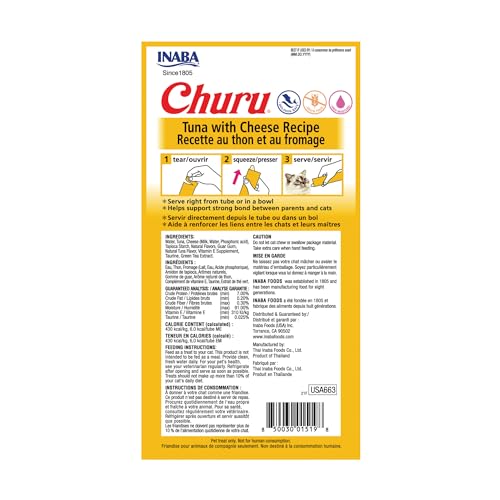 Image of INABA Churu Cat Treats, Grain-Free, Lickable, Squeezable Creamy Puree Cat Treat /Topper with Vitamin E & Taurine, 0.5 Ounces Each Tube, 24 Tubes (4 per Pack), Tuna with Cheese Recipe
