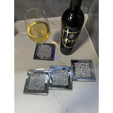 5 Mirrored Coasters for Drink Square - ZZICEN Silver Coasters Set 4x4 inch, Glitter Bling Glasses Wine Coaster in Bar Restaurant Coffee Table, Crushed Diamond Cup Mat Decor for Home and Parties Cover