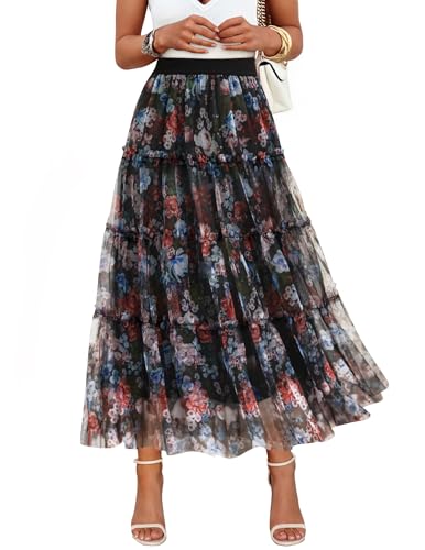 ZESICA Women's Tulle Maxi Skirt A-Line Flowy Ruffle Tiered Elastic
