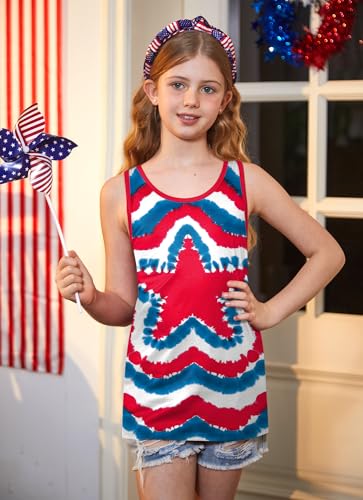 Image of 4th of July Girls Flag Tank Top Back Bow Sleeveless Patriotic Holidays T-Shirt 4-14 Years