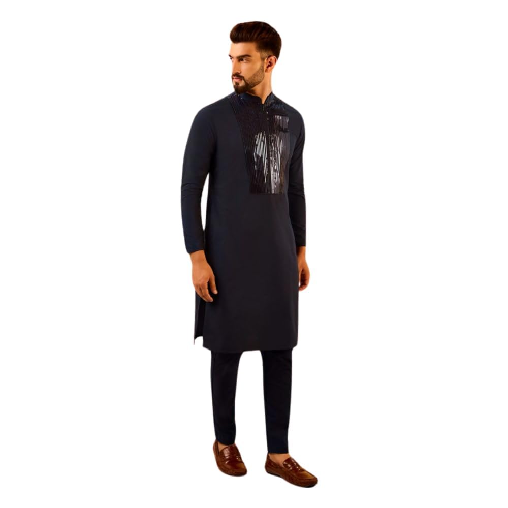 Kisah Men's Kurta, Navy Blue Cotton, Embellished Regular Fit Long Sleeves Mandarin Collar (Xl)