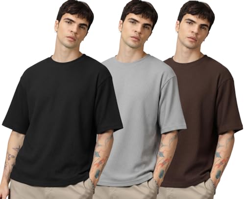 Image of RodZen Oversized Baggy Fit Half Sleeves Round Neck Solid Cotton Blend Combo T-Shirt for Men (Pack of 3)