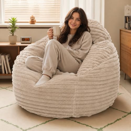Image of Simple Deluxe 3.25 ft Faux Fur Memory Foam Bean Bag Chair, Large Comfy Lazy Chair for Adult with Memory Foam Filled & Washable Cover, Perfect for Reading Gaming in Living Room Bedroom, Taupe