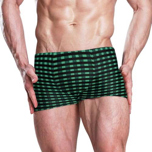 Green Buffalo Check Plaid Mens Swim Trunk Swimwear Bathing Suit Swim Brief Square Leg Board Short S B04035382