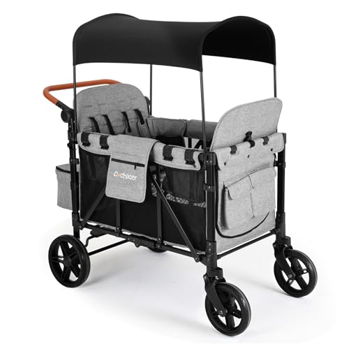 Image of Cochildor Elite 4-Seater Wagon Stroller for 2-4 Kids, One-Hand Fold, High Seats with 5 Point Harness, Adjustable Handle & Canopy, Light Gray