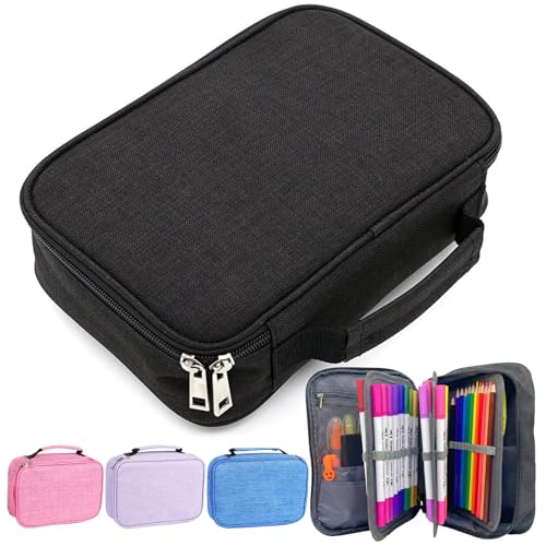 Estojo Escolar, Grande Capacidade, Box Jumbo Com Alça E Elastico Para 72 Canetas Ou Lápis, Feminino Masculino, Organizador Divisórias Zíper (Preto)