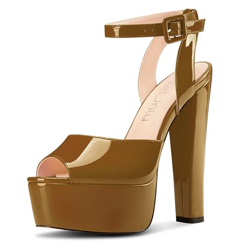 Image of NobleOnly Womens High Block Platform Heel Peep Toe Ankle Strap Sandals Buckle Prom Dress Shoes 5.9 Inches Heels