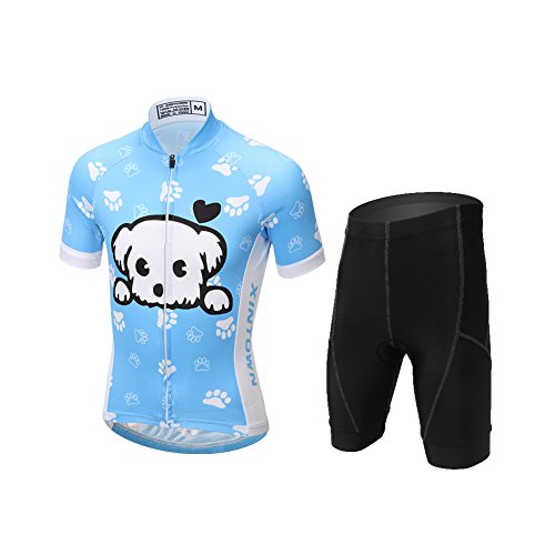 FREE FISHER Cycling Jersey Kids,Short Sleeve Cartoon Road Mountain Bike Jersey Set/Top/Short for Girls Boys Breathable,Dog,7-9 Years