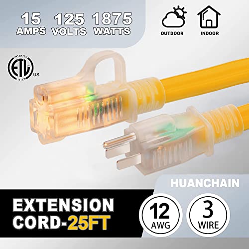 12/3 Gauge Heavy Duty Outdoor Extension Cord 25 Ft Waterproof With Lighted End, Flexible Cold-Resistant 3 Prong Electric Cord Outside, 15Amp 1875W 12Awg Sjtw, Yellow, Etl Huanchain #TOP2