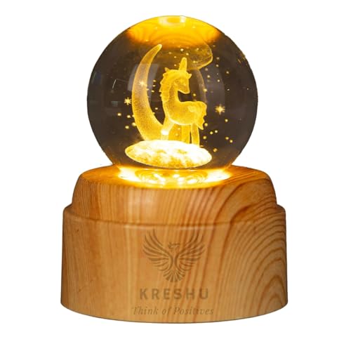 Image of KRESHU Unicorn Moon 3D Crystal Rotating Glass Ball Dimmable Warm LED Light Wooden Stand Luminous USB Cable Decoration Night Lights for Art Home Decoration Birthday Gift (Pack of 1)