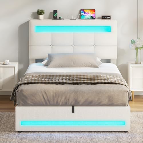 AOGLLATI Polsterbett 90 x 200 mit LED Beleuchtung und Ladestation, jugendbett mit Höhenverstellbares Kopfteil und Stauraum, Hydraulisches Bett 90 x 200 cm,Lattenrost, Linen,Ohne Matratze, Beige AOGLLATI Polsterbett 90 x 200 mit LED Beleuchtung und Ladestation, jugendbett mit Höhenverstellbares Kopfteil und Stauraum, Hydraulisches Bett 90 x 200 cm,Lattenrost, Linen,Ohne Matratze, Beige