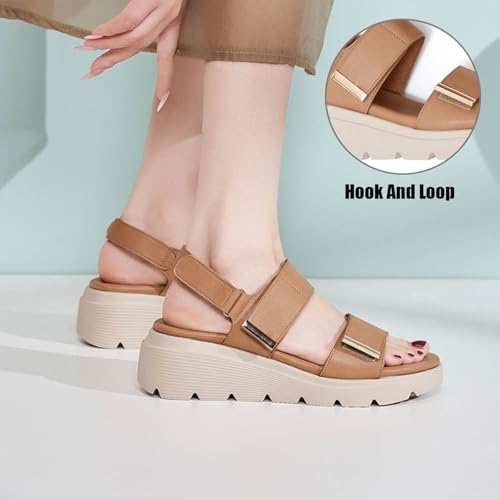 Women's Leather Two Band Platform Wedge Walking Sandals With Arch Support Casual Adjust Hook Loop Thick Cushion Orthopedics Anti-Slip Athletic Sandals For Vocation Shopping Commuting Daily4