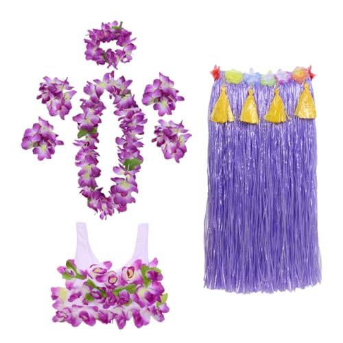 MOBUTOFU Falda Hula Hawaiana 80 Cm Conjunto 8 Piezas Falda Gruesa Rafia Morada, Top Algodón Flores, Cintas Cuello, Muñeca y Tobillo para Fiesta Tropical y Disfraz Adulto
