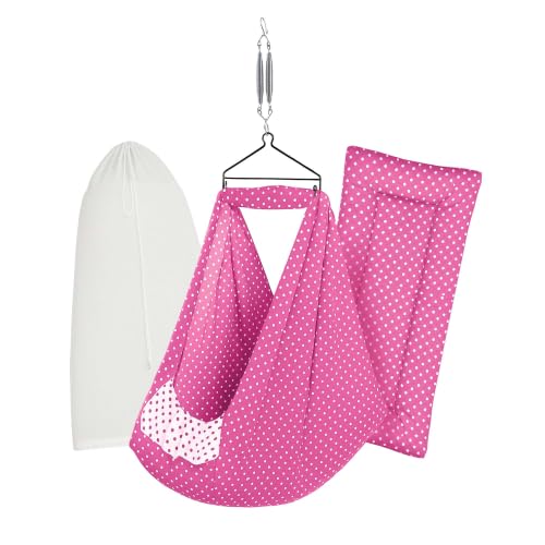 Image of Premium Swing Cradle Set | Cradle Cloth, Padded Bed, Mosquito Net, Heavy-Duty Spring & Triangle Hanger | Up to 15 kg | Dark Pink Dot