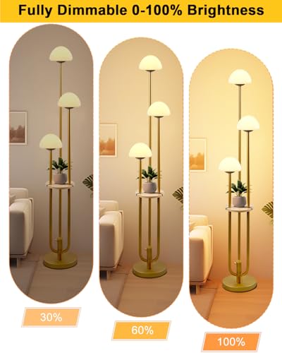 Image of Gold Dimmable Floor Lamp with Table, Modern Floor Lamps with Mushroom Shades for Living Room, 3000K Warm White Tall Standing Lamp with Bulbs& 5Lbs Heavy Base for Bedroom /Office
