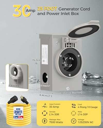 WILAWELS 30 Amp 25FT Generator Cord and Power Inlet Box Kit, NEMA L14-30P to L14-30R, 4 Prong STW Power Cord with Twist Lock Connector, Pre-Drilled 30 Amp Inlet Box for Generator to House, Y325CB06