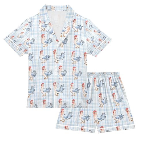 senya Blue Grid Rooster Satin Summer Pajama Sets Silk Short Sleeve Button Down Sleepwear