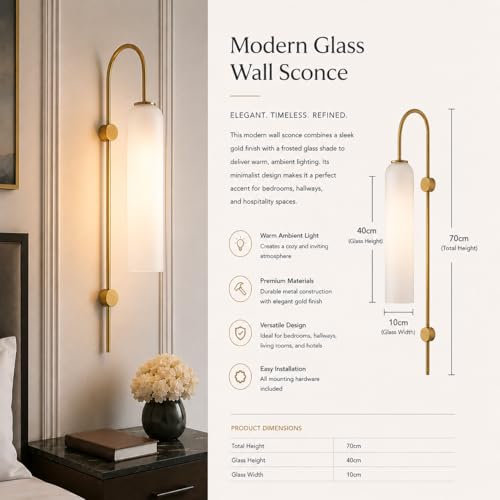Image of Long Glass Wall Light with Modern Metal Design Gold Finish Light Fixture for Bedroom, Living Room, Home, Bar, Cafe, Hotel, Workspace with 30 cm Long Bulb (Frost White)