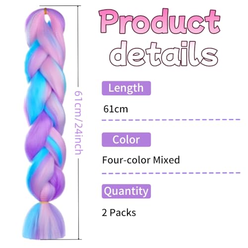 EYWILYWI 2Packs Ombre Braiding Hair – 24inch Pre Stretched Jumbo Braids, Synthetic Hair Extensions for Braiding, Crochet Twist Braids, Fashion Braid Wigs for Women (Four-color Mixed)