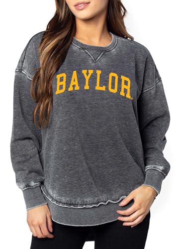 chicka-d Women's Burnout Hi-Lo Campus Crewneck Fleece Sweatshirt NCAA Classic Arch Over Team Color, Baylor Bears, Charcoal, Medium