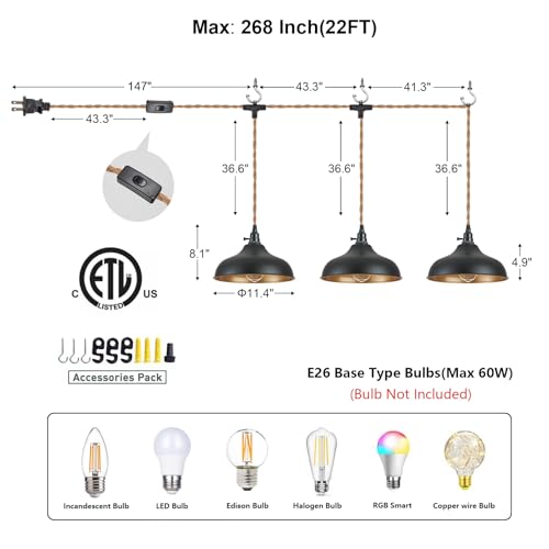 Image of 3 Light Plug in Pendant Lights Dome Hanging Lamp with Switch 22 Ft Long Hemp Rope Farmhouse Pndant Light Cord Lighting Fixture DIY Hanging Light