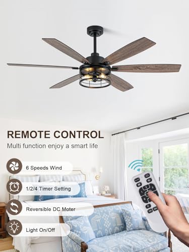 Image of 60 Inch Farmhouse Ceiling Fan with Lights and Remote Large Rustic Ceiling Fan Caged Fandelier Chandelier, 6 Dual Blades Reversible Quiet DC Motor 3CCT 6 Speed for Living Room Indoor Outdoor