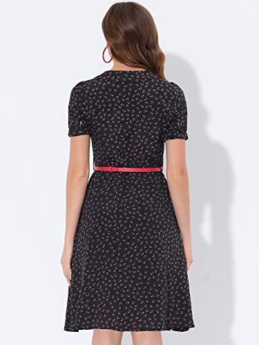 Image of Allegra K Women's Peter Pan Collar Tie Neck Short Sleeves A-Line Elegant Belted Vintage Floral Dress