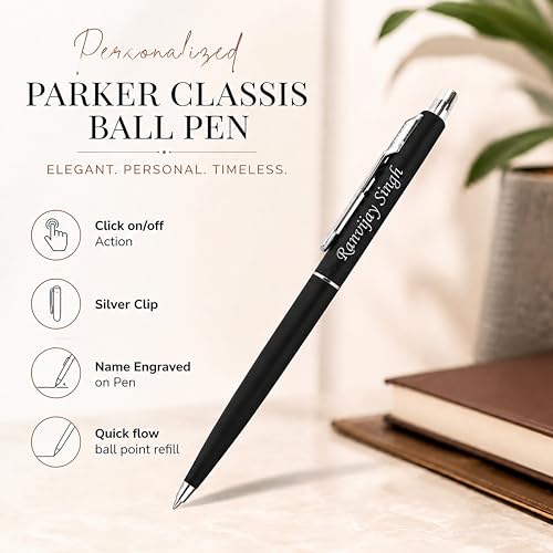 Image of SAVRI Personalized Parker Matte Black Ballpoint Pen | Customized Name Engraved Pen with Silver Clip | Smooth Blue Ink Writing | Ideal Gift for Birthdays, Anniversaries, Corporate Gifting