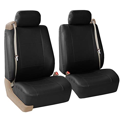 FH Group Front Set Faux Leather Car Seat Covers Low Back Seat with Removable Headrest Universal Fit Airbag Compatible Car Seat Cover for SUV Van Black