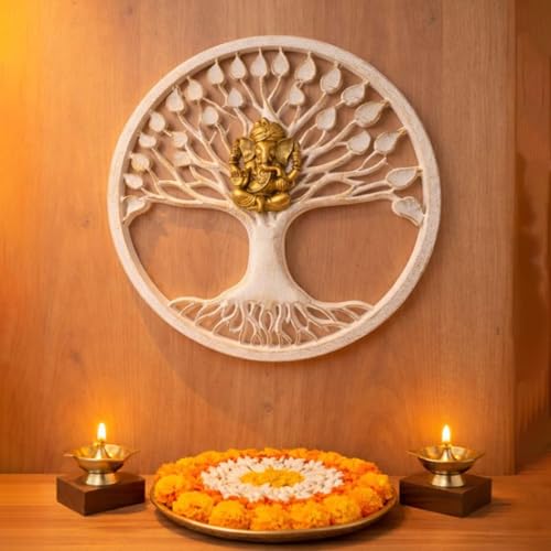 Image of Art Street Ganesha Wall Plaque with Tree of Life Design, MDF Round Plaque, White and Gold Decor, Laser-Cut Lord Ganesha Idol for Pooja Room, Living Room, or Office, Spiritual Home Decor, 40x40 cm