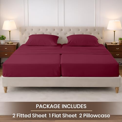 Image of SGI Split King Sheet Set for Adjustable Bed Egyptian Premium Cotton 600 Thread Count Sheets for Sleep Number Bed 15 inch Deep Pocket 5 Pc Set with 2 Twin XL Fitted Sheets Soft Breathable -Burgundy