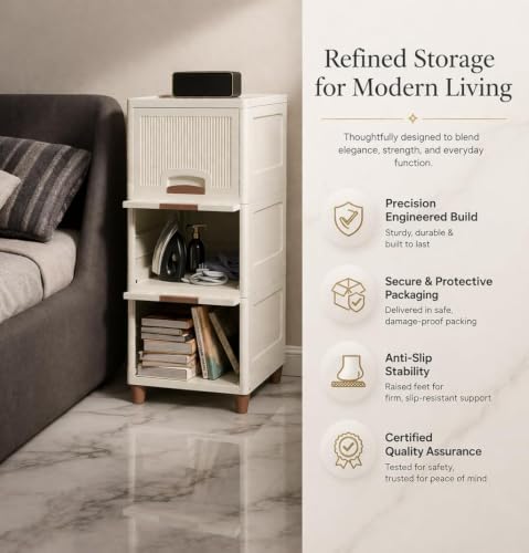 Image of Multi-Purpose Modular Storage Cabinet with Foldable Compartments, Stackable Organizer Box with Doors & Raised Legs for Clothes, Books, Kitchen Supplies, Bedroom and Living Room (4 Layer)