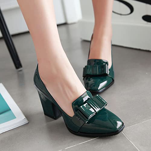 MOOMMO Women Chunky Heel Pumps Bowknot Patent Leather Loafers Round Closed Toe Sandals 3.5 Inch High Block Heel Slip On Summer Casual Office Dress Shoes Size 4-11 M US4