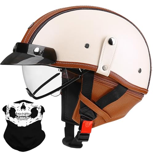 Demi-Casque Moto Rétro Casque Ouvert en Cuir Allemand, Homme Femme Vélo Cruiser Chopper Mobylette Scooter Casque Demi-Coquille Vintage avec écharpe...