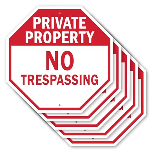Private Property No Trespassing (5 Pack) 10 inch X 10 inch Octagon Rust Free Aluminum Metal Signs Weather Resistant, UV Protected for Workplace, Private Property, and Construction Site, Made in the USA