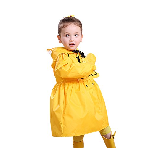 BIKMAN Girl's Hooded Raincoat Princess Dress Style Solid Color Rainwear (M(3-4 Years Old), Yellow)