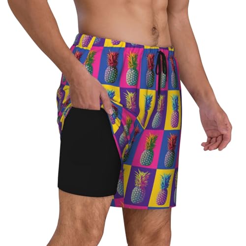 Men's Colorful Pineapple Pattern Print Quick-Dry Mesh Swim Trunks Stretch Lining Beach Shorts Surfing Summer Vacations