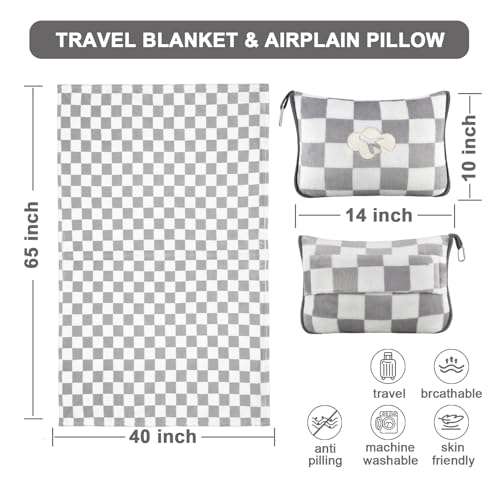 Image of Travel Blanket and Pillow Compact, Premium Soft 2 in 1 Airplane Blanket with Soft Bag Pillowcase,Hand Luggage Sleeve and Backpack Clip (Grey Checkered)