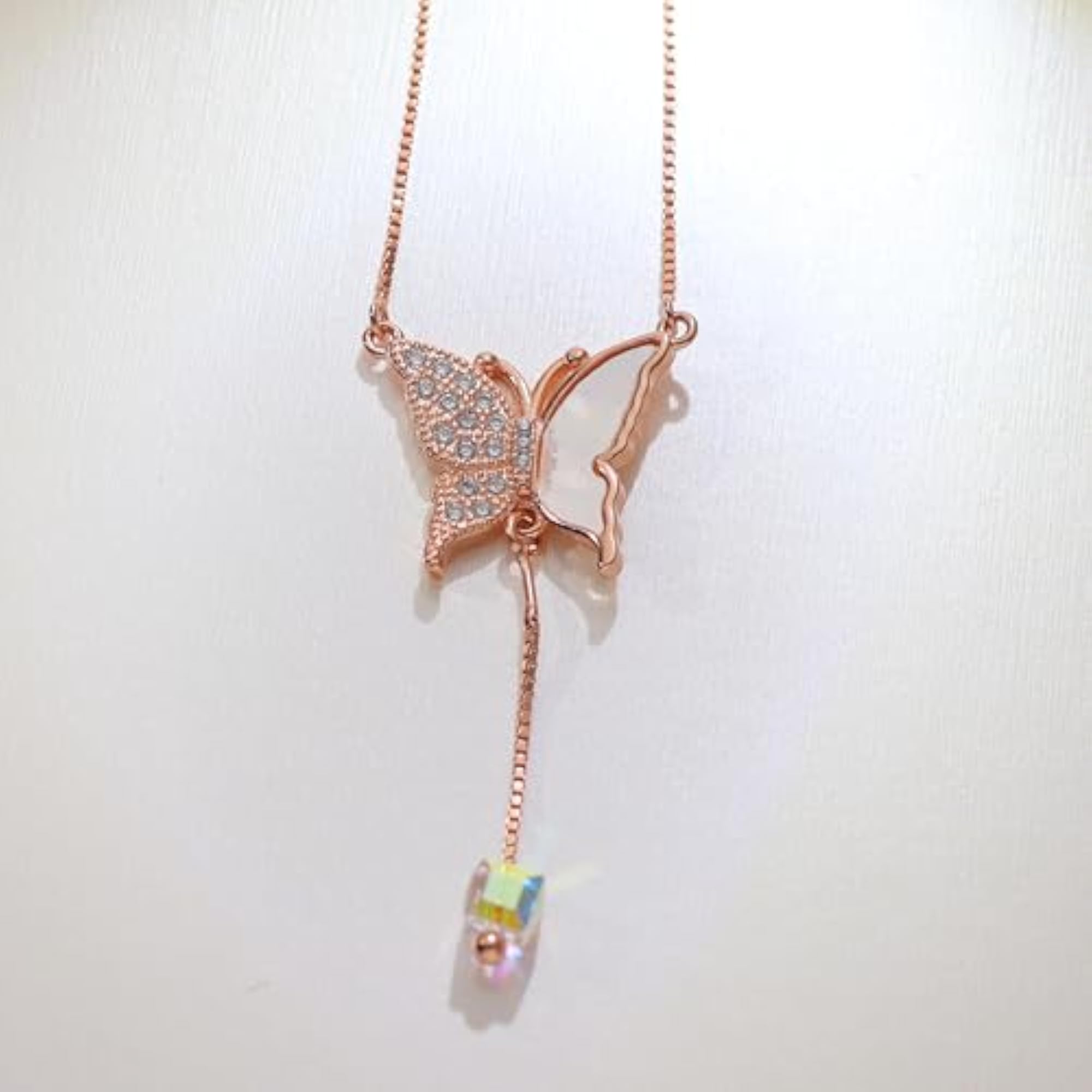 Women's Rose Gold Crystal Butterfly Pendant Necklace