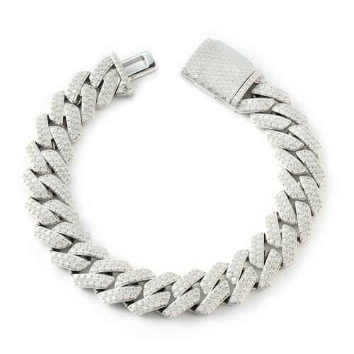 LuxeFlex Moissanite Prong Cuban Link Bracelet/Necklace for Men Women VVS D Color Moissanite 5 Times Rhodium Plated White Gold Iced Out Hip Hop Jewelry with Box Clasp (10mm/12mm/14mm/20mm) (White Gold-12mm 8 Inches)