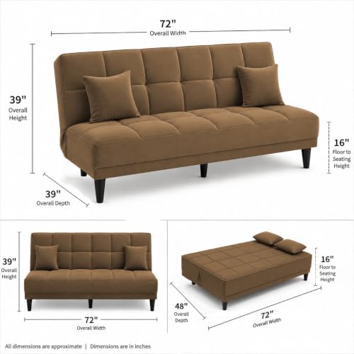 Image of Adorn India Alyssum 3 Seater Sofa Cum Bed 4X6 Velvet 2 Cushions (Color Camel) and Suitable for All Indoor, with 3 Years Warranty