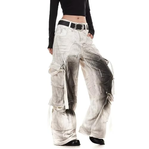 Women Y2K Baggy Cargo Jeans Low Rise Retro Distressed Inkjet Multi-Pocket White Pants Street Style Harajuku Clothing4