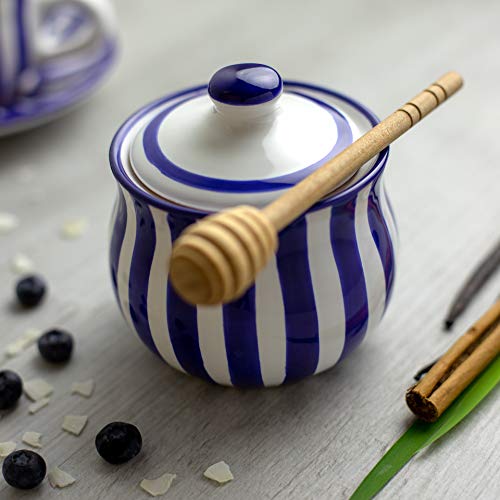 Handmade Dark Navy Blue Stripe Ceramic Teapot Set, Large 1,7L/60Oz/4-6 Cup Teapot, Milk Jug, Sugar Bowl, Four Cups And Saucers Tea Set, Pottery Housewarming Gift For Tea Lovers By City To Cottage® #TOP4